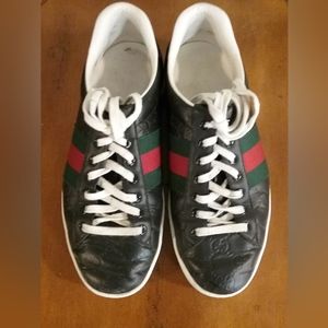 Authentic Men's Gucci GG Black  Stripe Leather Green And Red Sneakers